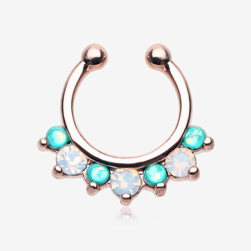 Rose Gold Opal Sparkle Deuce Fake Septum Clip-On Ring-Teal/White